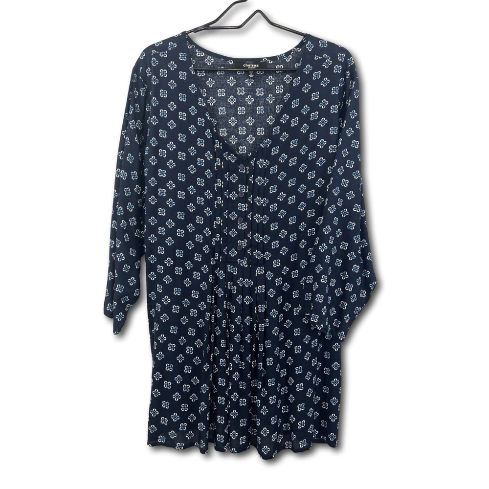 Chelsea Studio Navy Blue Floral Print Front Tie Back Blouse Woman Size 2X 26-28